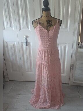 Boston Proper Pink Eyelet Tiered Maxi Dress with Spaghetti Straps